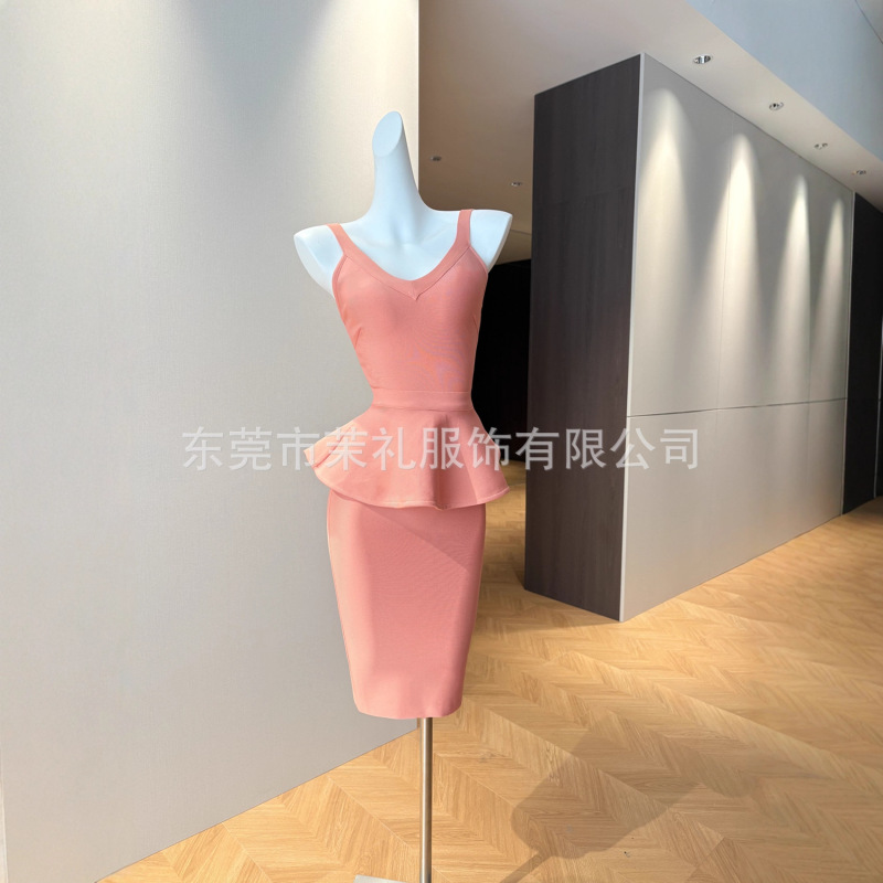 律政佳人纯色荷叶边分割腰线显瘦包臀吊带连衣裙绷带裙|undefined