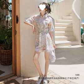 洋气花色连体裤女夏季薄款时尚短袖收腰显瘦衬衫工装连衣短裤
