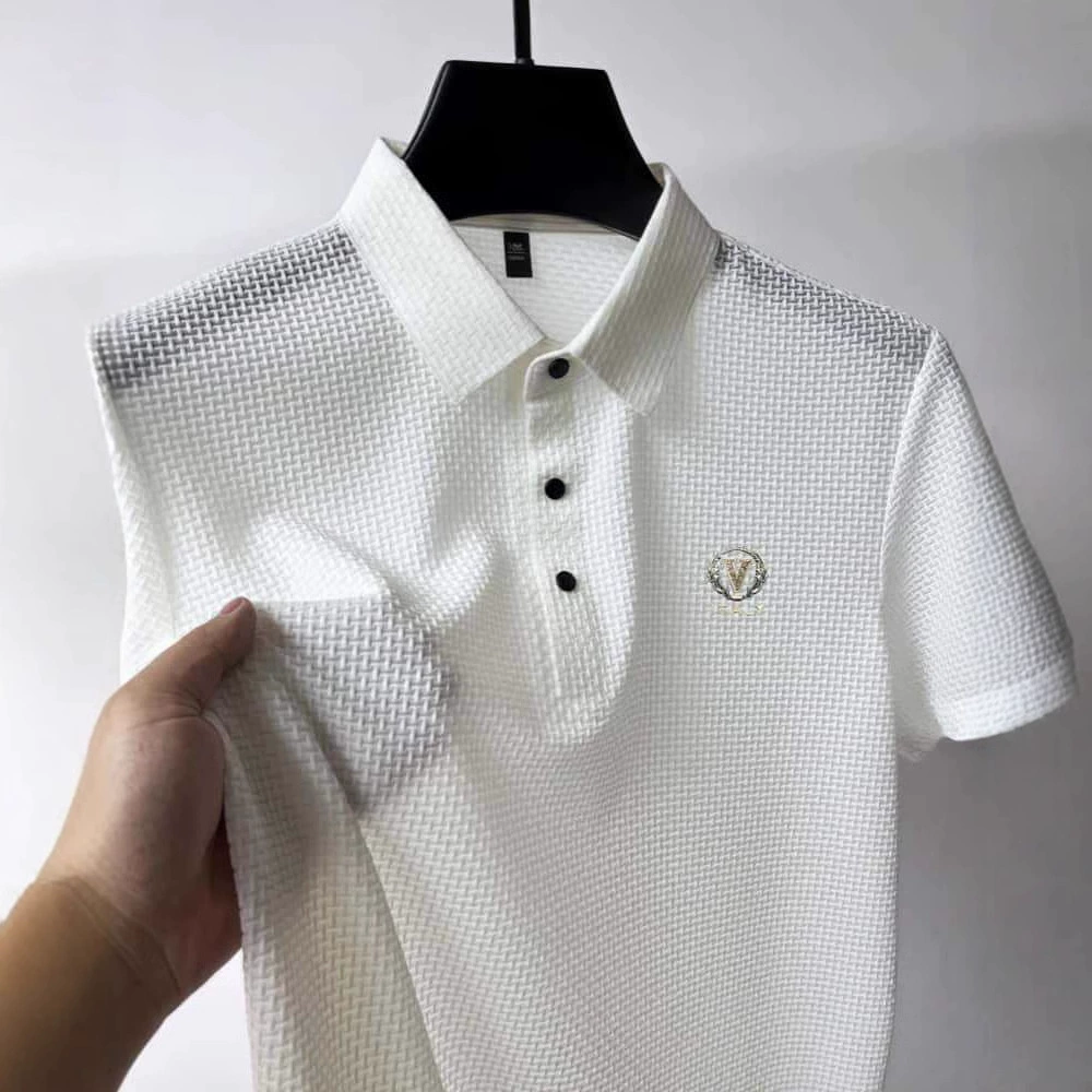 Мужская рубашка-поло из ледяного шелка, лето 2025, короткий рукав, деловой повседневный стиль, лацканы, принт, быстросохнущая, дышащая, прохладная