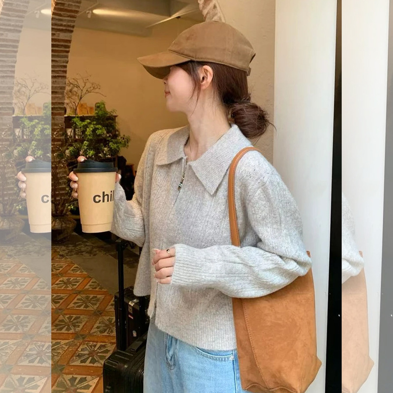 法式黄色翻领长袖毛衣外套女2025早秋新款双拉链设计针织开衫上衣|undefined