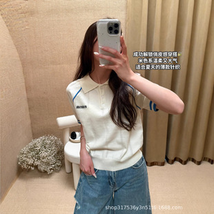 Nanyou M25 Early Spring New Age-Reducing Style Letter Jacquard Polo Lapel Raglan Stripesd Knitted Short-Sleeved Top