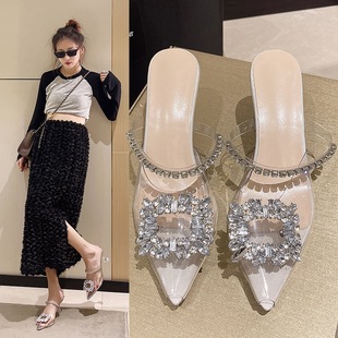 High Heels Women's 2024 Summer New Pointed Fairy High Heel Sandals Women's Fashionable Baotou Empty Rhinestone Stiletto Heel Shoes