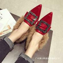 毛毛鞋女外穿秋冬新款韩版尖头粗跟高跟一脚蹬兔毛中跟加绒棉瓢鞋