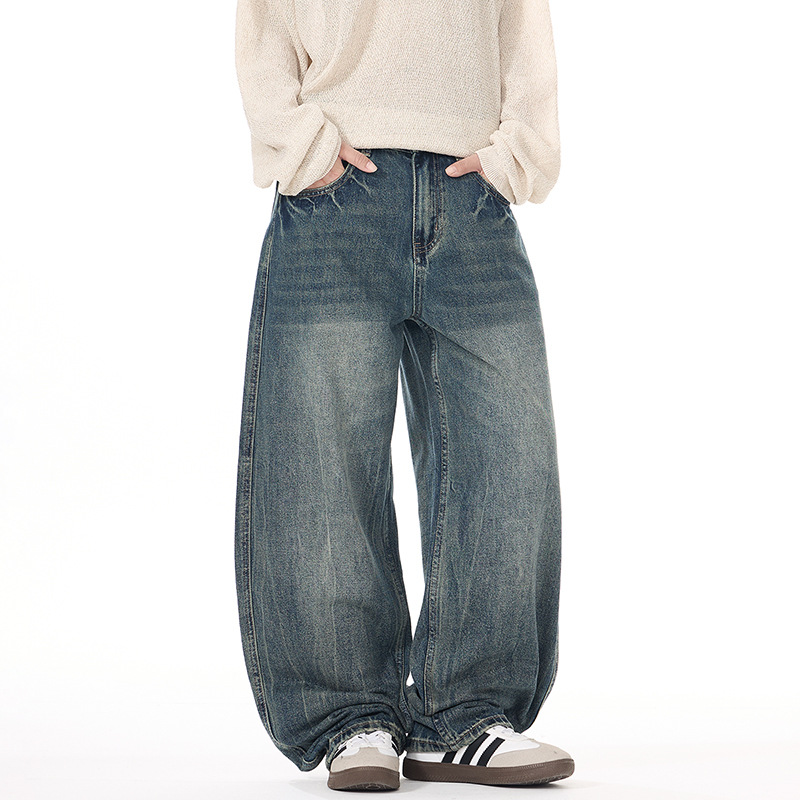 跨境批发秋季新款男士牛仔裤潮牌水洗复古直筒宽松显瘦微喇阔腿裤