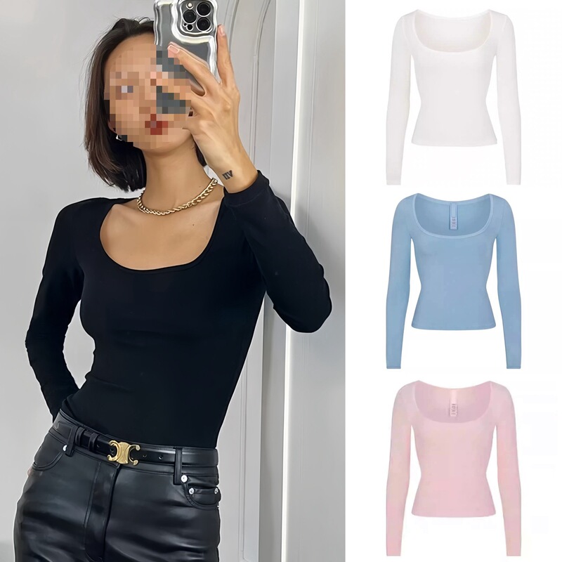 In-Stock Kardashian-Style Square-Neck Long-Sleeve T-Shirt, Modal Stretch Slim-Fit Top for Women In-Stock Kardashian-Style Square-Neck Long-Sleeve T-Shirt, Modal Stretch Slim-Fit Top for Women