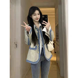 小香风撞色拼接垫肩西装外套女2025秋冬设计感小众气质名媛上衣潮