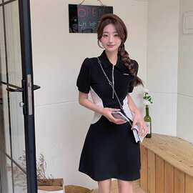 夏季领拉链短袖连衣裙女新款撞色拼接黑色收腰显瘦减龄字裙