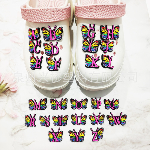 Cross-border exclusive pink letter butterfly hole shoes DIY accessories PVC soft rubber flower shoe clips croc shoe accessories