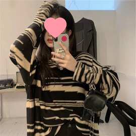 慵懒风毛衣女圆领针织衫春秋季宽松外穿条纹复古长袖百搭上衣女