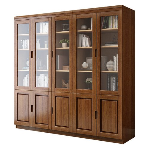 Solid wood oak bookcase with glass door three doors simple Chinese bookshelf storage student bookcase office file cabinet