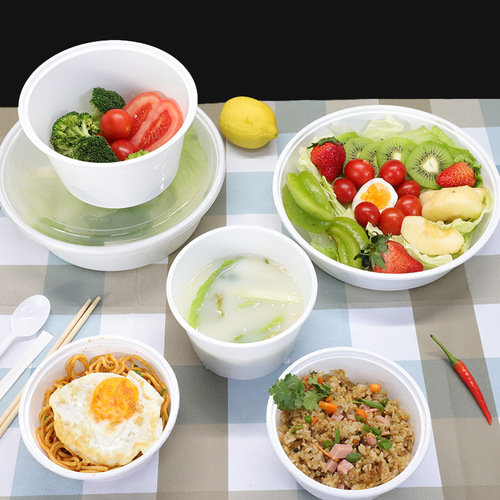Wholesale disposable bowls with lids, ideal for serving chilled desserts like grass jelly; thick, white, microwave-safe plastic takeout containers designed for commercial use.