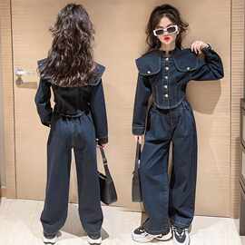 童装女童春秋套装2025新款中大童时髦洋气经典大翻领牛仔两件套