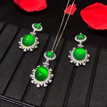 亚马逊热销批发S925镶嵌绿玉髓吊坠耳坠两件套玛瑙套装直播货源