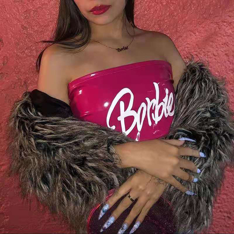 Sexy letter print word Neck Wrapped Chest PU leather vest NSBLS119425