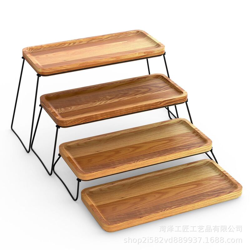 Wooden Storage Rack Tray Desktop Solid Wood Stepped Storage Rack Iron Wood Art Food Storage Tray Wooden Food Rack