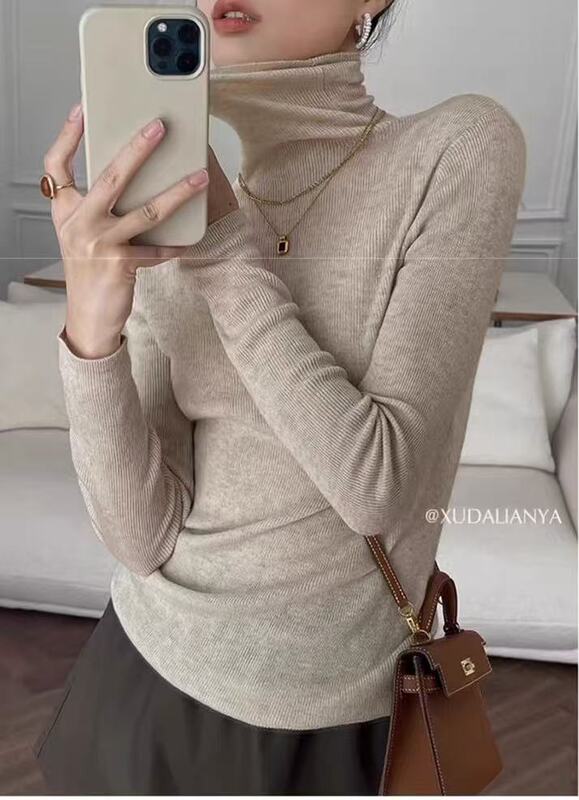 法式小众高领羊绒打底衫女修身显瘦精纺羊毛薄款内搭针织衫毛衣|undefined
