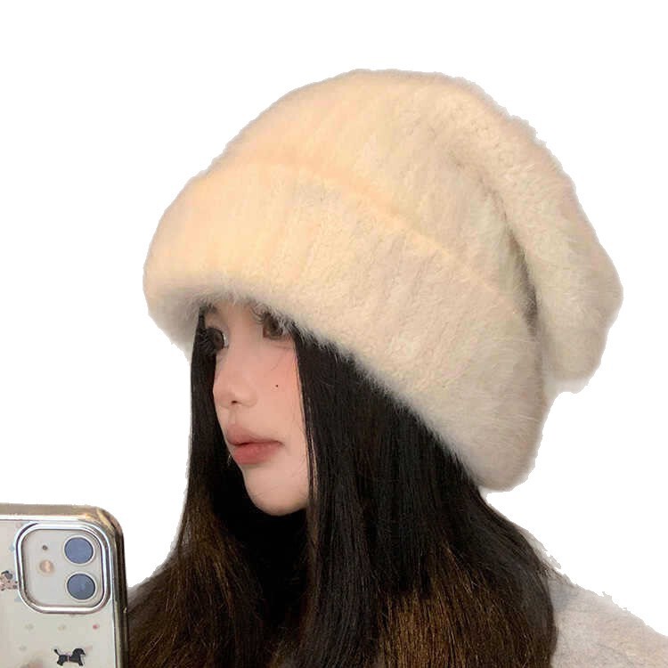 大头围加绒加厚兔毛毛线帽秋冬季甜美百搭帽子女显脸小护耳堆堆帽|undefined