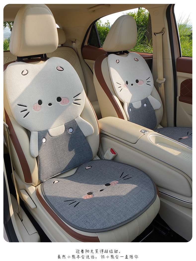 Internet Celebrity Car Seat Cushion for All Seasons, Linen Breathable Car Rear Seat Cushion, Cute Cat Cartoon Seat Cover for Women