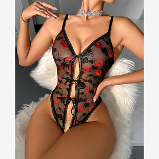 Cross-Border Hot Girl Lace Suspenders Sexy Love Lip Pattern Side Opening Sexy Underwear One-Piece Uniform Temptation Pajamas