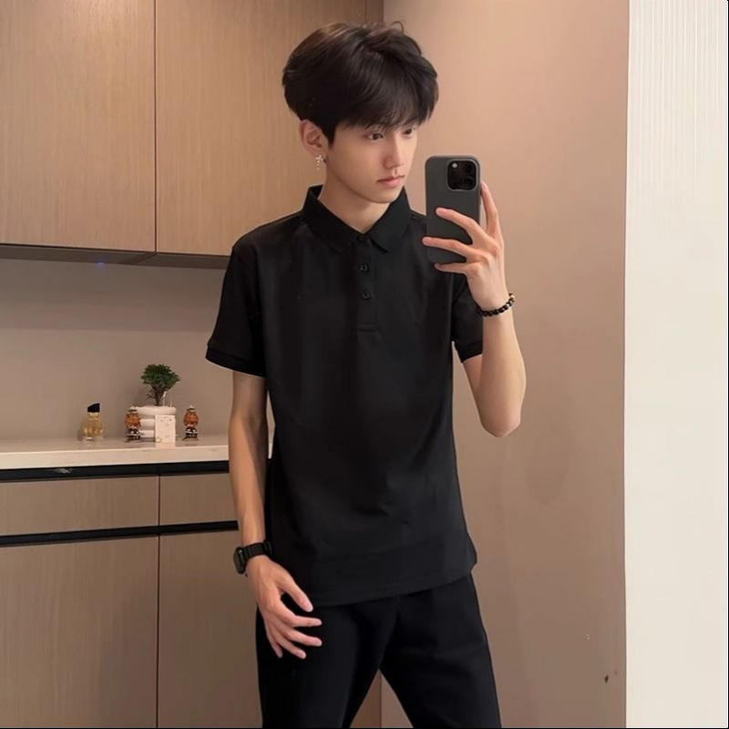 Black Short-Sleeved Polo Shirt for Men, Summer Casual Retro Clean Style, Simple American Heavy-Duty Half-Sleeve Black Short-Sleeved Polo Shirt for Men, Summer Casual Retro Clean Style, Simple American Heavy-Duty Half-Sleeve