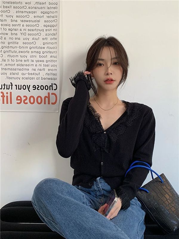 早秋甜辣蕾丝拼接针织开衫女法式大衣内搭高级感毛绒打底衫上衣冬|undefined