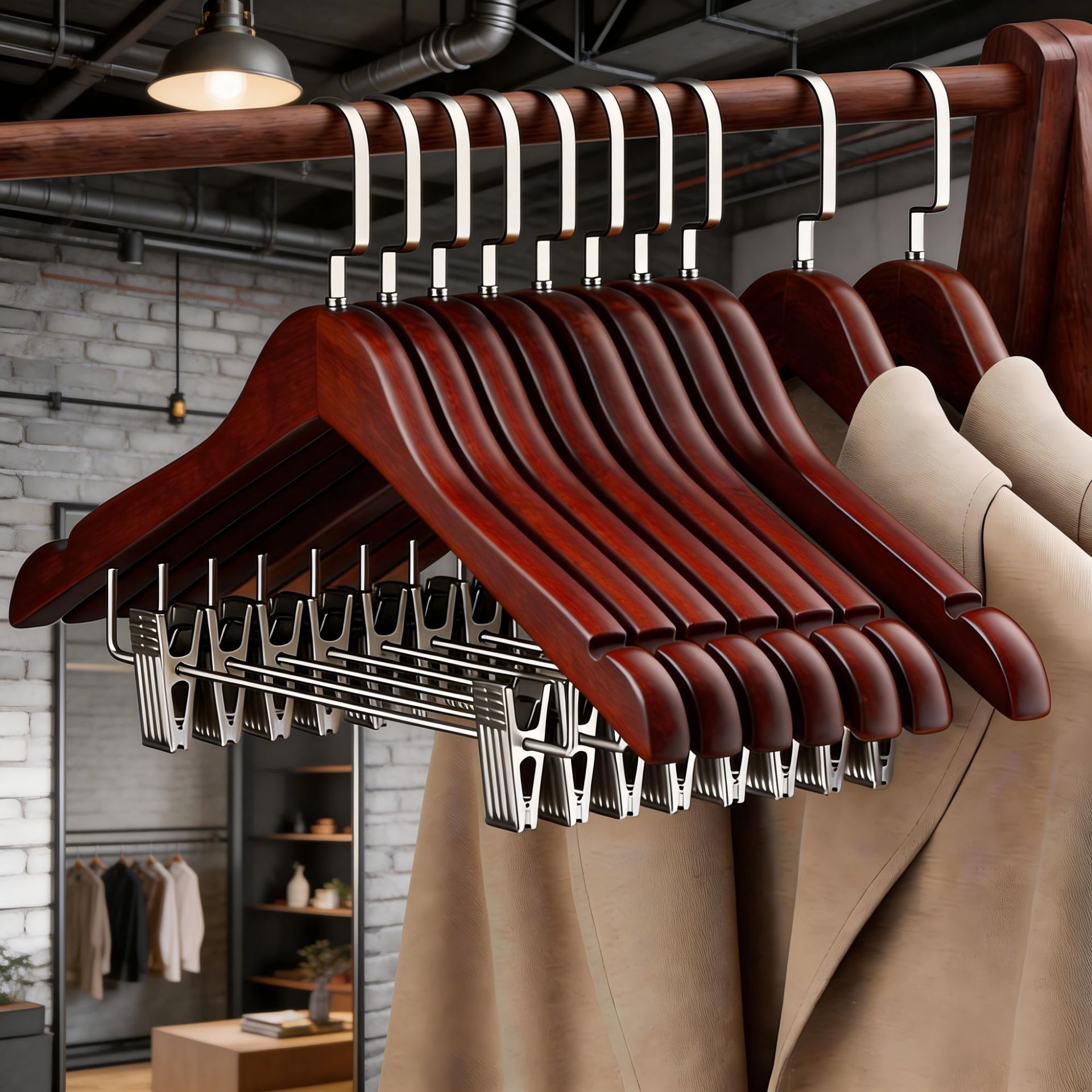 Percha de Madera Maciza con Pinzas, Antideslizante y Sin Marcas, para Tienda de Ropa