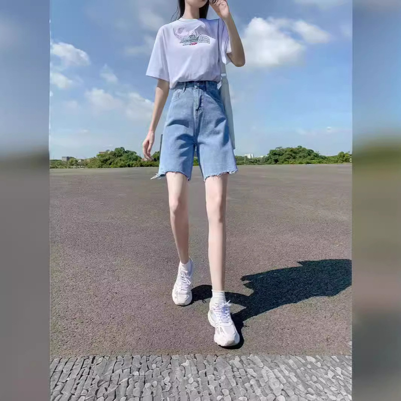 Korean Style Denim Shorts Summer New Denim Shorts Women's Straight Korean Style High Waist Wide Leg Bike Pants