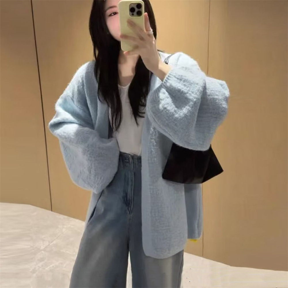 温柔奶fufu灯笼袖针织开衫女2025春秋新款韩版慵懒风毛衣宽松外套