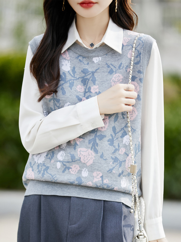 2025新中式复古提花羊毛马甲女宽松灰色国风羊毛针织背心坎肩外套|undefined