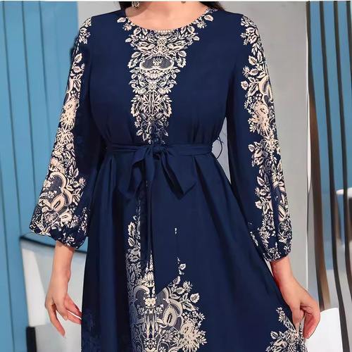 Hot Selling Fashion Digital Print Long Sleeve Long Dress Middle Eastern Dress