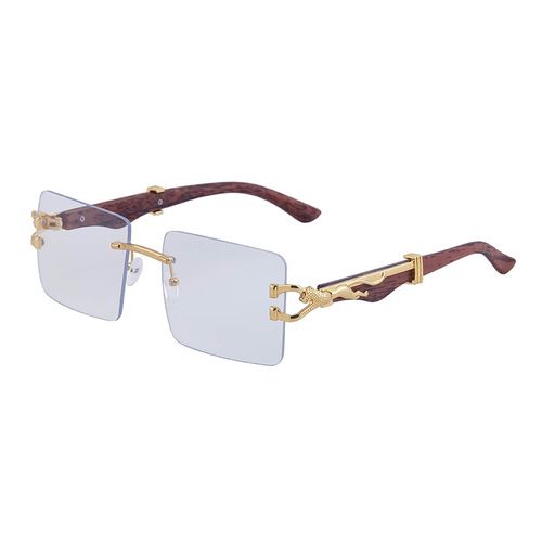 Retro frameless sunglasses for men, personalized leopard wood grain temples, square frame sunglasses for women, cross-border wholesale shades