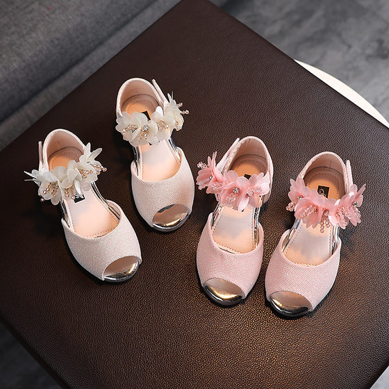 Summer New Children's Sandals Girls' Stylish Rhinestone Flower Fishmouth Princess Shoes Little Girl's Soft Sole Dance Shoes