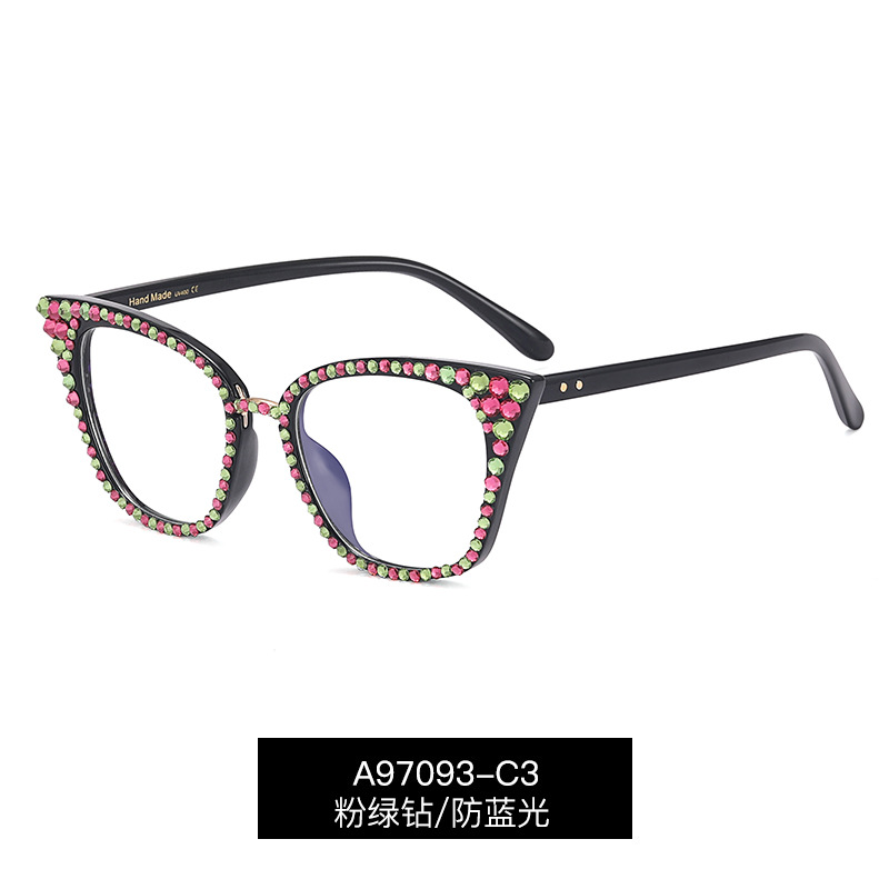 A97093 nueva moda ojo de gato anti-azul gafas de luz gafas ópticas de marco completo de moda punto diamante gafas lisas para mujeres