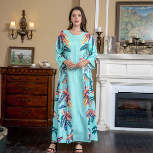 Cross-Border Amazon Best-Selling Artistic Colorful Printing Middle Eastern Arab Abaya Robe Dress Robe