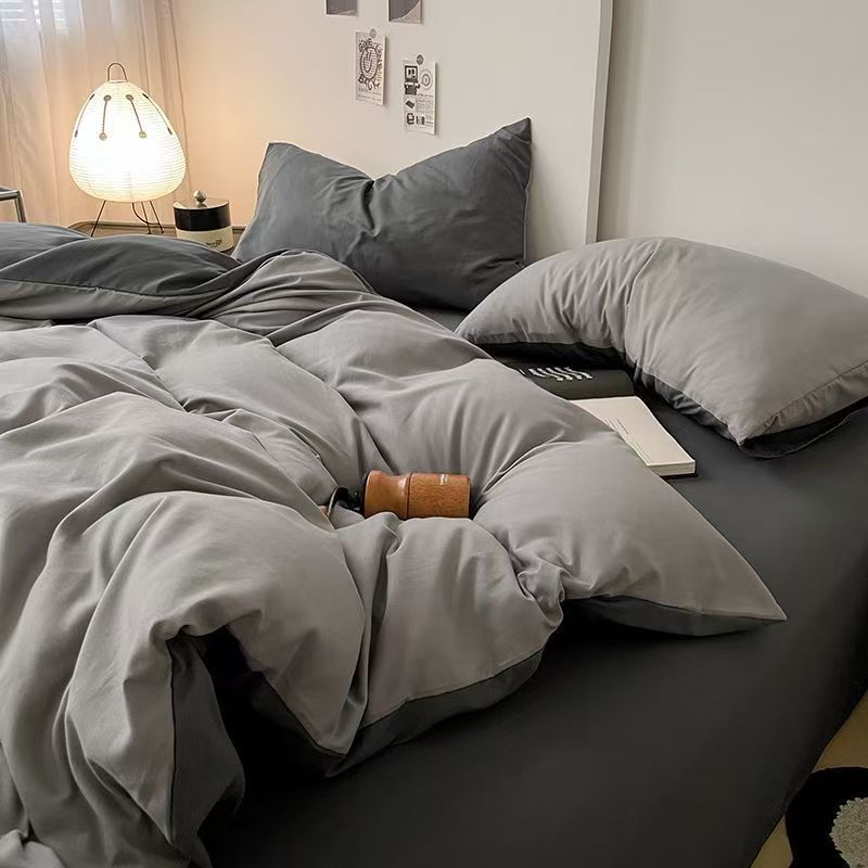 Minimalist Grey Solid Colour Cotton Bedding Set With Duvet Cover_voghion.com