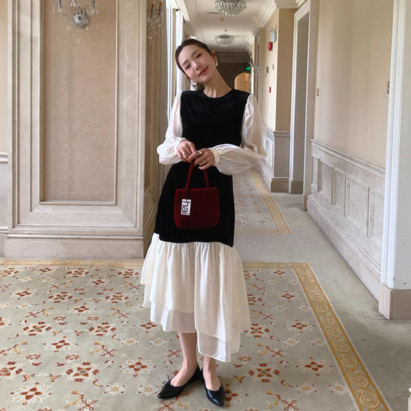 【Interpretation】Newopen25 Winter French Hepburn Style Stunning Color-Block Velvet Long-Sleeve Dress F6681