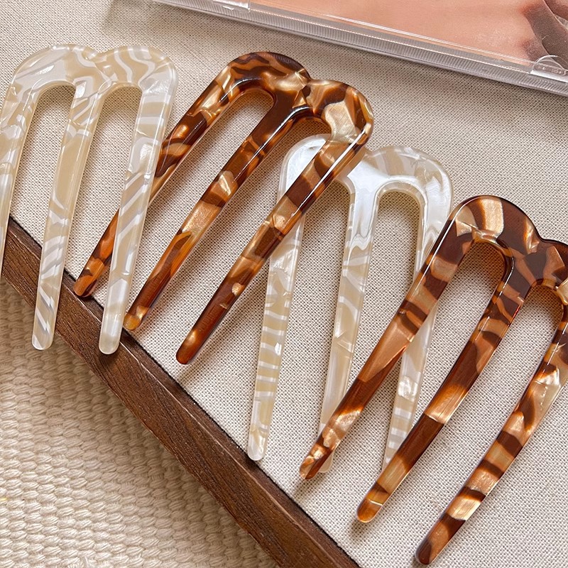 Peine de tres dientes de ácido acético retro horquilla en forma de U femenina plato de temperamento perezoso horquilla en la parte posterior de la cabeza bola cabeza artefacto fijo