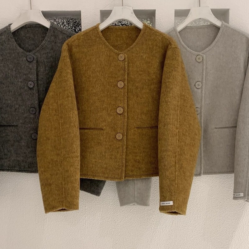 Double-sided wool coat short white rich beauty small Chanel style round neck cashmere double-sided coat