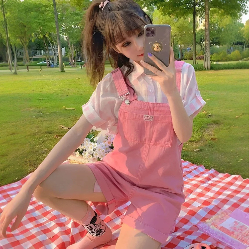Sweet and Cute Dopamine Girl Denim Overalls for Women, Summer Internet Celebrity Super Popular Age-Reducing Short Jumpsuit for Petite Figures