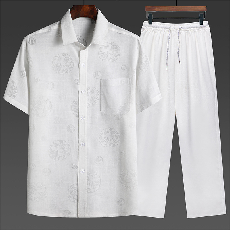 Men's Short-Sleeve Cotton Linen Shirt Set for Middle-Aged and Elderly - Summer Casual Two-Piece Set for Dads and Grandpas