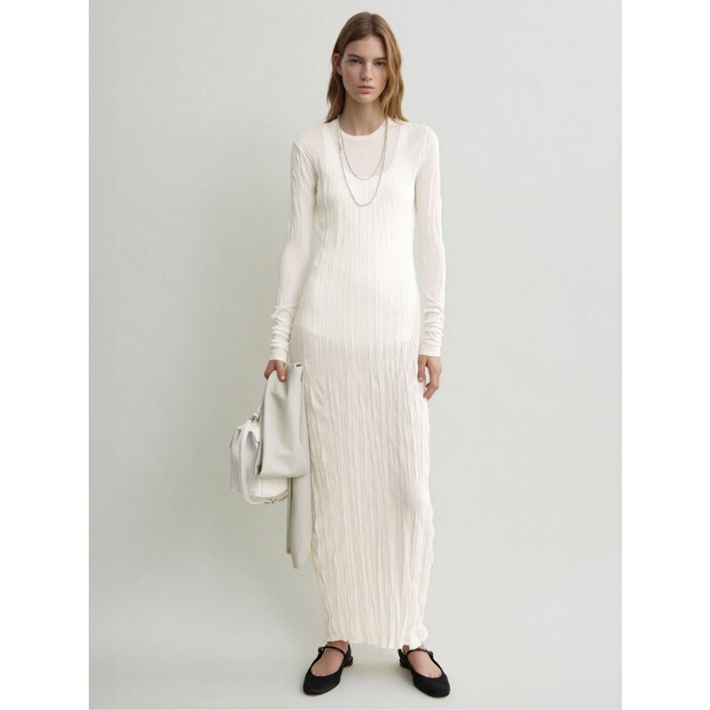 Romon Pleated Knit Slim Fit Long Sleeve Dress 26 Spring/Summer New Tot Style Sheer Long Slip Dress