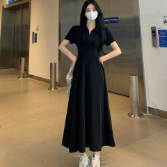 女性用フレンチ半袖ドレス、夏のウエスト痩身黒ロングスカート、デザイン右肩スカート