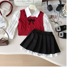 儿童套装裙新款春秋季女童气质学院风童装娃娃领衬衫百褶裙三件套