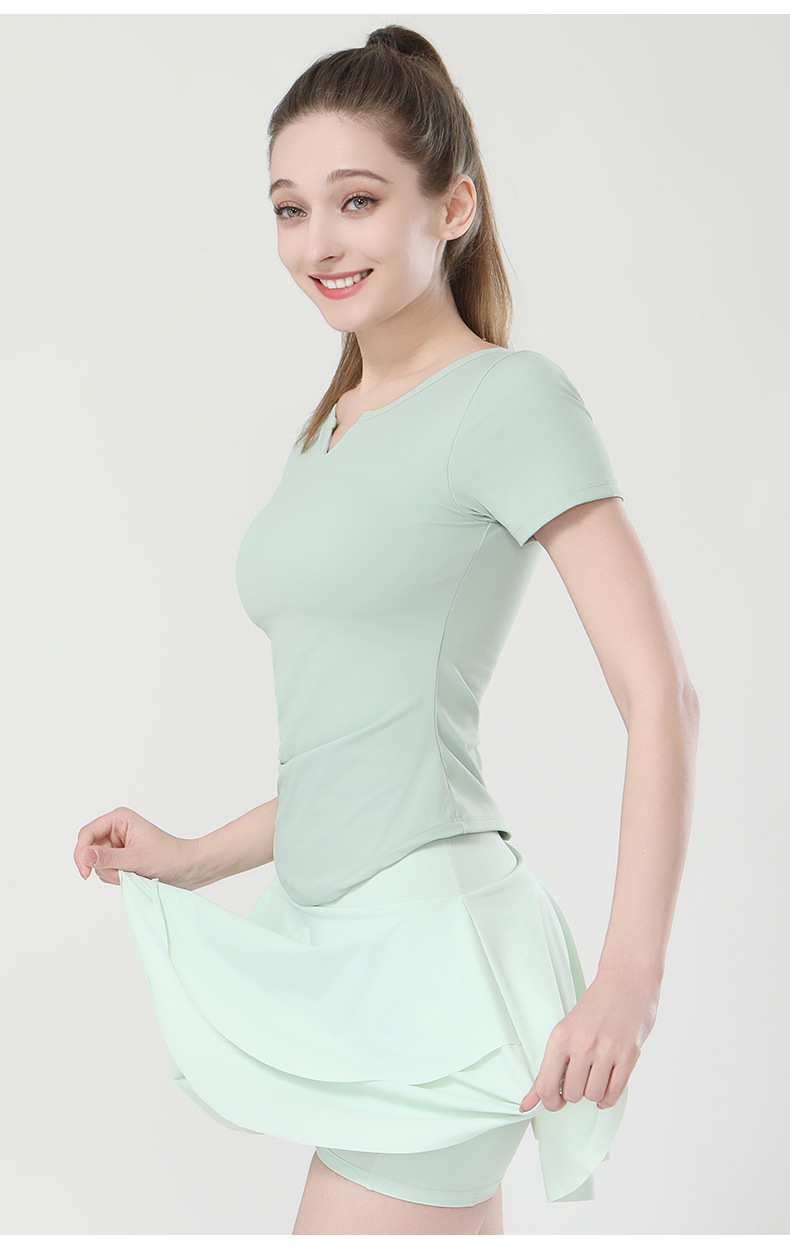春季新款锦纶瑜伽T恤女带胸垫V领高弹短袖t恤时尚健身瑜伽上衣详情13