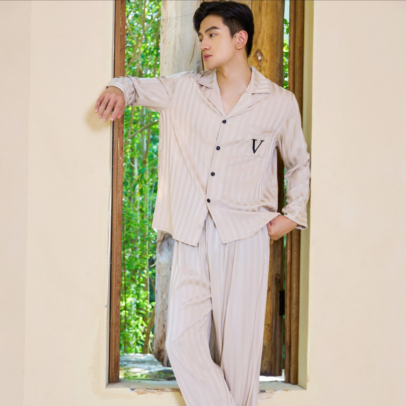 Other Striped Ice Silk Pajamas Set 2-Piece Beige