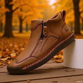 跨境爆款大码男鞋潮牌户外休闲冬季平底手工缝线拉链马丁靴短靴