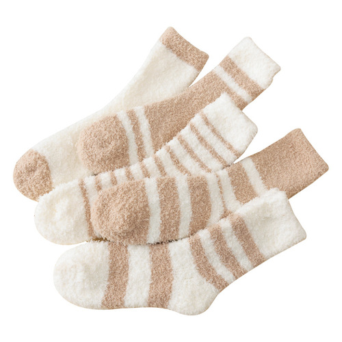 Autumn and winter coral velvet sleep socks thickened warm mid-tube home confinement socks striped floor socks women's socks wholesale