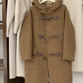 跨境格子双面羊绒大衣女中长款2025新款牛角扣连帽毛呢外套通勤风