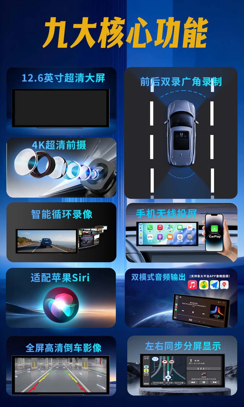 12.3inch Extra-large car smart screen with wireless CarPlay and CarLife, 4K front and rear dashcam screen projection