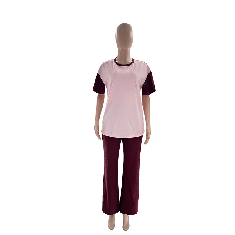 Summer Contrast Color round Neck Short Sleeved T shirt Women Casual Wide Leg Pants Two Piece Sets
